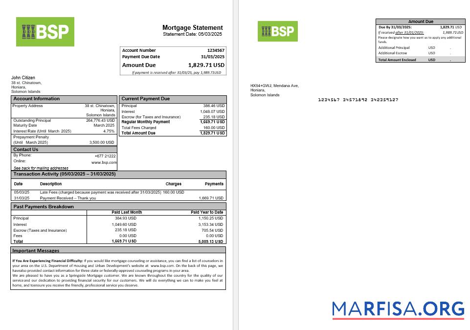 Printable Solomon Islands BSP bank mortgage statement in Word and PDF formats download for verification